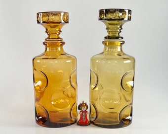2 pcs Empoli Glass Decanter Genie Bottles Amber Brutalist Style True Vintage 70s
