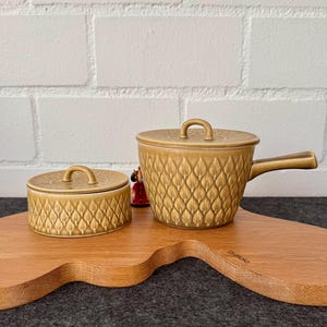以下が含まれることがあります： 温かみのあるゴールドブラウンの色合いの、2ピースのセラミック製キッチン用品セット。セットには、小さな丸い蓋付き容器と、取っ手と蓋付きの小さなソースパンが含まれます。どちらのアイテムも、葉のようなテクスチャパターンが特徴です。