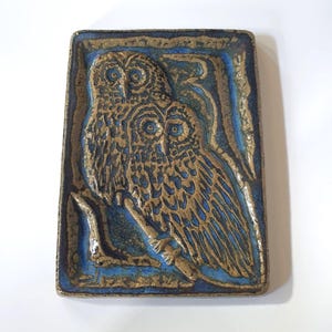 Puede incluir: Placa de pared rectangular de cerámica con dos búhos posados en una rama. Los búhos y la rama son de color marrón cálido, sobre un fondo y borde azules. Los búhos tienen patrones de plumas detallados.