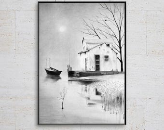 Dibujo original a carboncillo de un paisaje: casa junto al lago iluminada por la luna con un bote, arte nocturno del lago, árbol desnudo y flores en flor, naturaleza apacible.