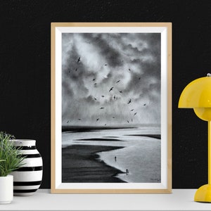Fine art / hand painted charcoal / charcoal dust / flying birds/ landscape/ clouds/ stormy sky/ sea/ rest time/ beautiful scenery / Digital image 4
