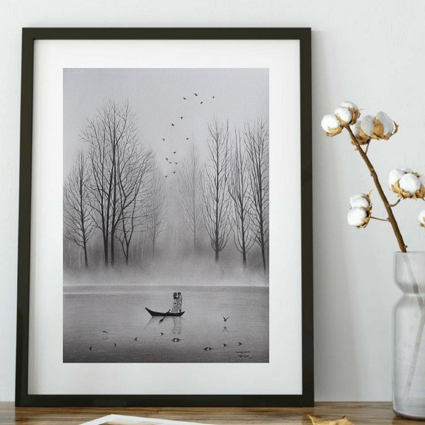 Fog on the lake art, landscape drawing scenery, minimalist misty art, fishing Engagement,  romantic couple Embracing and kissing