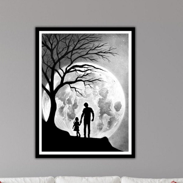 Original Pencil Drawing, Real Painting of Moon, Charcoal Graphite Drawing, Father Son Drawing, Pencil Art, Best Scenery Landscape Artwork,