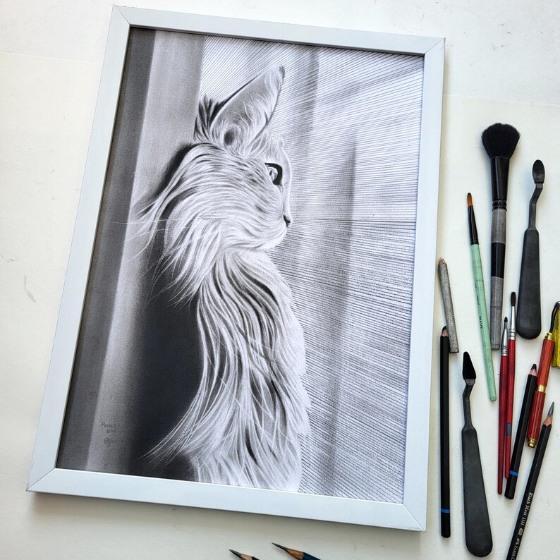 手作りの猫の肖像画：リアルな鉛筆画、カスタムペット、壁飾り 画像 6