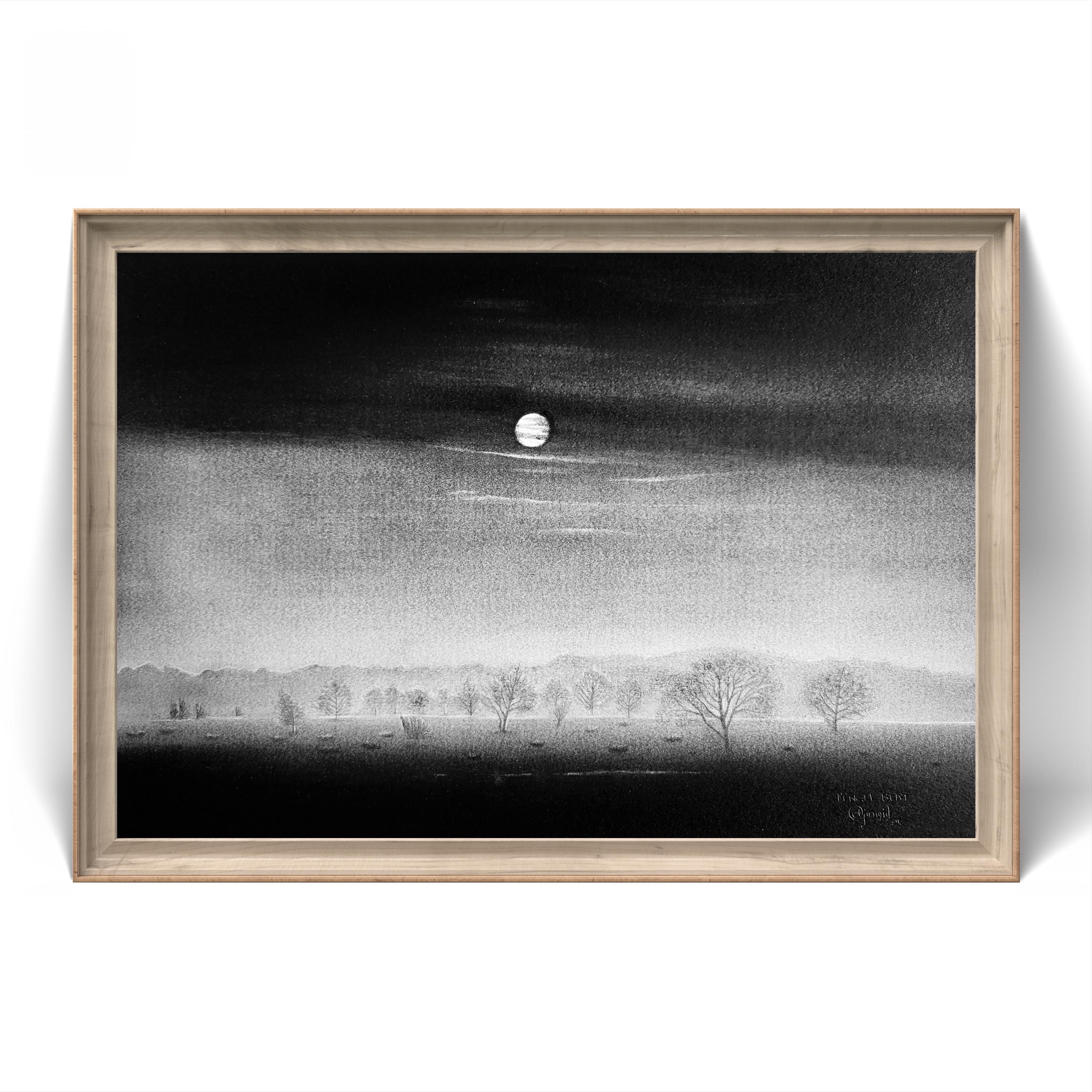 Original Moonlit Forest Charcoal Drawing, Night Landscape Wall Art