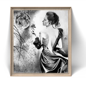 Woman Under Moonlight – Handmade Charcoal & Pencil Drawing – Romantic Floral Fine Art Wall Decor – NOT PRINT