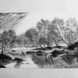 Original Landscape Charcoal Drawing Landscape Painting Lowcountry View Original Antique Landscape Scenery Nature Forest Sketch Art image 3