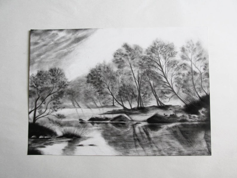 Original Landscape Charcoal Drawing Landscape Painting Lowcountry View Original Antique Landscape Scenery Nature Forest Sketch Art image 3