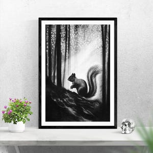 May include: A black and white charcoal drawing of a squirrel perched on a dark, textured forest floor. The squirrel is depicted in profile with a bushy tail, set against a background of tall, vertical tree trunks and dappled light.