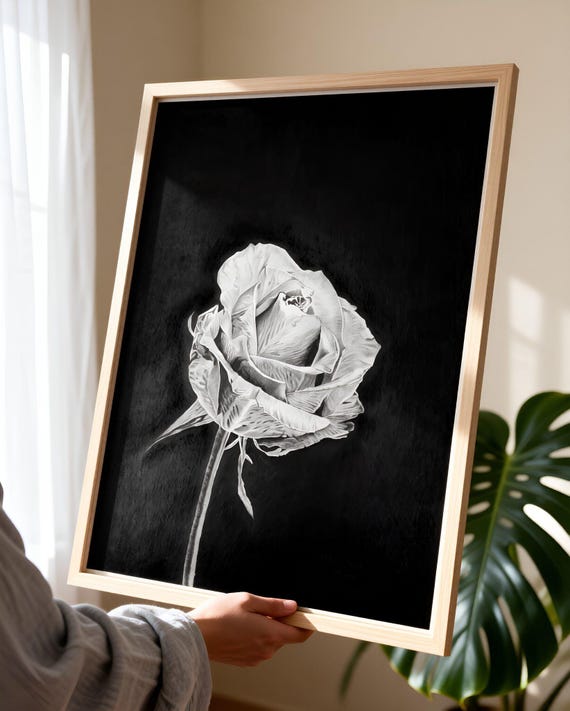 【原画一点物】Black Rose｜薔薇の絵 花 Original Art Original Black Rose Drawing, Realistic Gothic Floral Art, A3