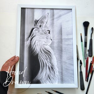 手作りの猫の肖像画：リアルな鉛筆画、カスタムペット、壁飾り 画像 5