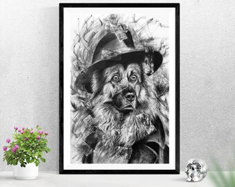 フェドーラ帽をかぶったジャーマンシェパード - 手作りの木炭画による犬の肖像画、リアルなペットの絵、オリジナルの白黒動物アート、犬好きへのギフト