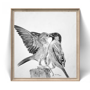 Disegno a matita fatto a mano di due uccelli innamorati su palo di legno - Arte realistica di uccelli a carboncino - Decorazione murale romantica con animali selvatici