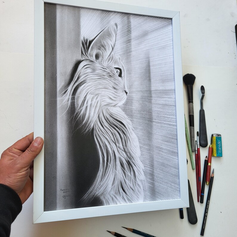 手作りの猫の肖像画：リアルな鉛筆画、カスタムペット、壁飾り 画像 7