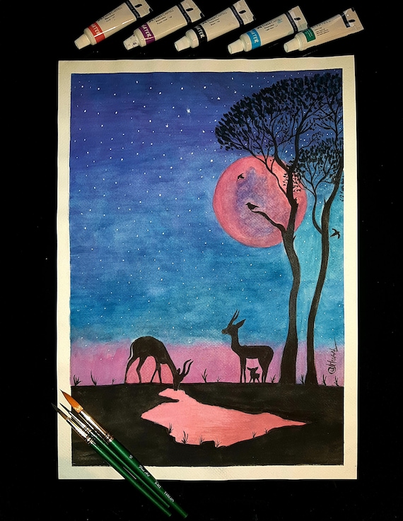 Moonlight Scenery Drawing With Sketch Pen/Easy Landscape Painting