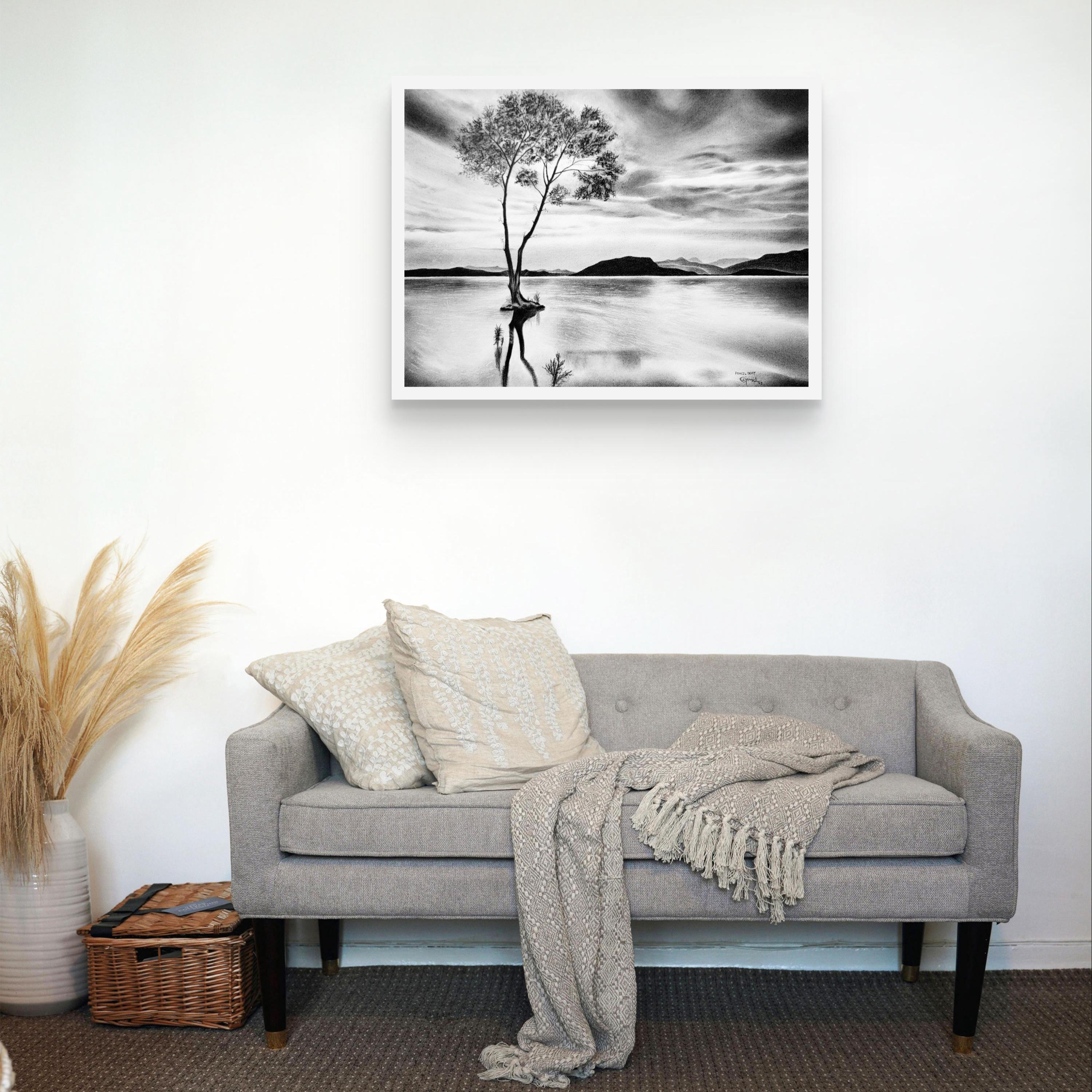 Original Pencil Landscape Drawing – Peaceful Lake with Lone Tree