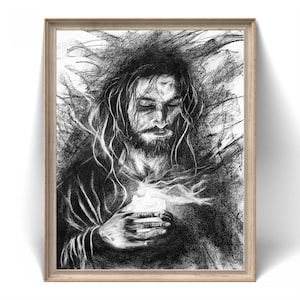 Charcoal Jesus Holding Candle Light of Faith  Handmade Original Christian Art – NOT PRINT