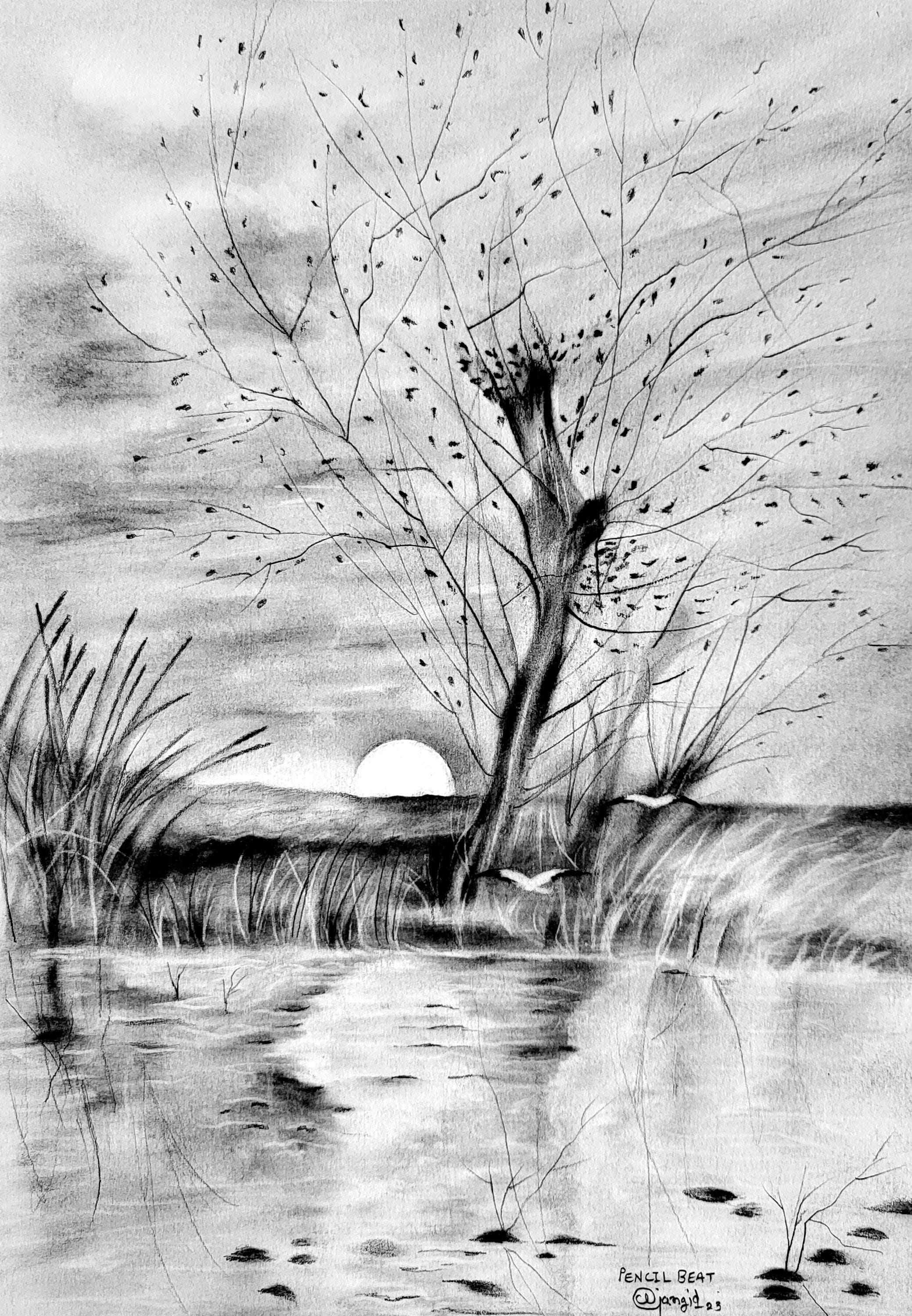 秋の夕日の鉛筆画、自然風景画、鳥と川の風景、手作りのオリジナル