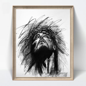 Jesus Charcoal Art Crown of Thorns Handmade Religious Portrait Christ Spiritual Wall Art – NOT PRINT
