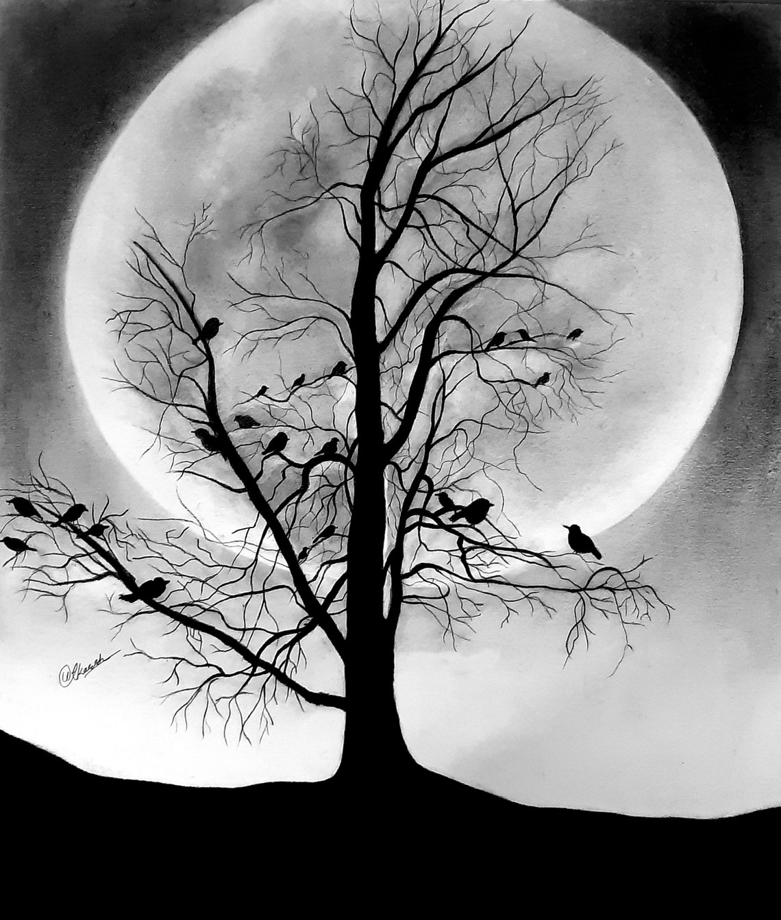 Original Pencil Drawing Tree With Moon Landscape Scenery Etsy