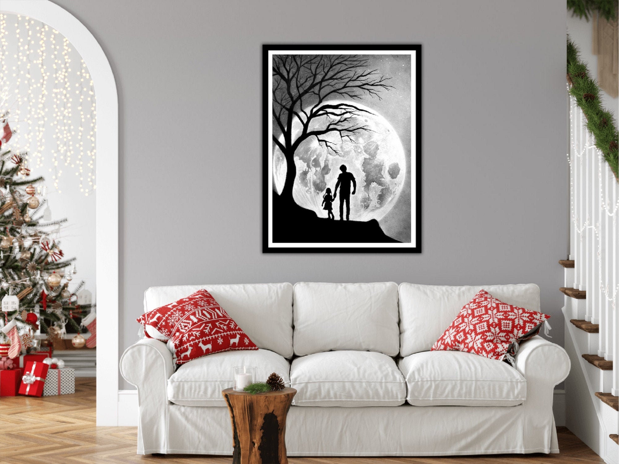 Wall decor Realistic Graphite Drawing Best Gift Idea Real Painting Tree with Moon Landscape Scenery Original pencil drawing