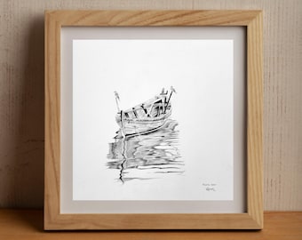 Original Pencil Drawing, Wooden Boat Birds Calm Water Serene Scene Wall Decor