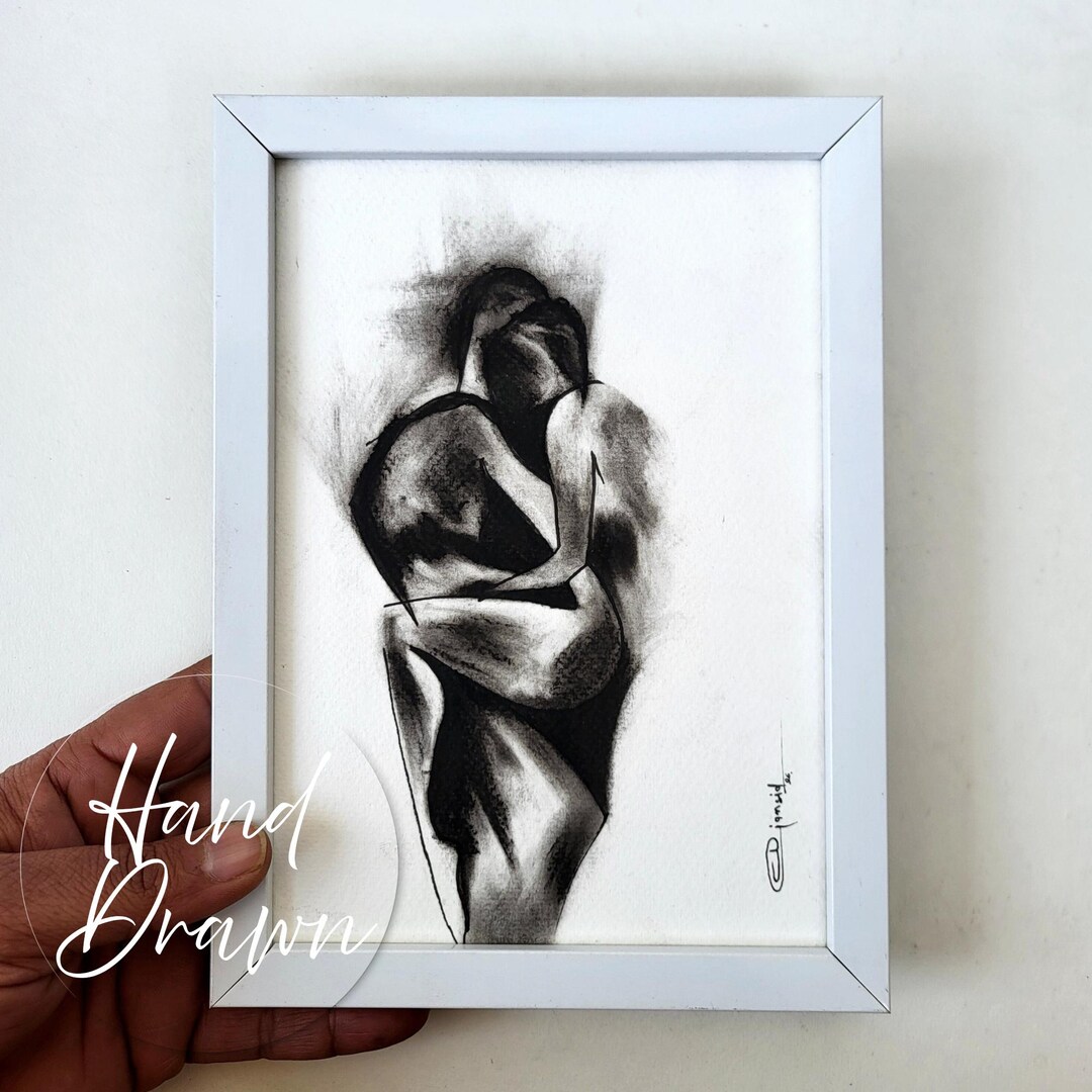 Embracing Nude Couple Charcoal Drawing | Original Figurative Art