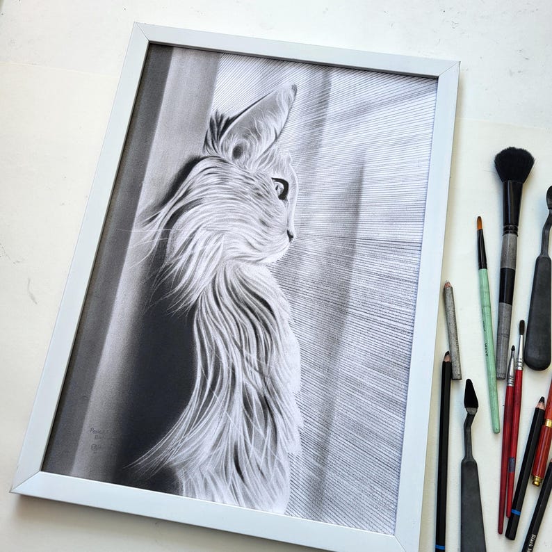 手作りの猫の肖像画：リアルな鉛筆画、カスタムペット、壁飾り 画像 16