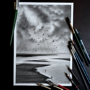 Fine art / hand painted charcoal / charcoal dust / flying birds/ landscape/ clouds/ stormy sky/ sea/ rest time/ beautiful scenery / Digital image 3
