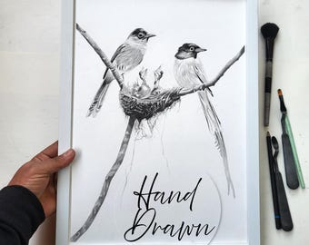 Mother & Baby Bird Drawing – Handmade Pencil Wildlife Art – Nature Wall Decor Gift – NOT PRINT