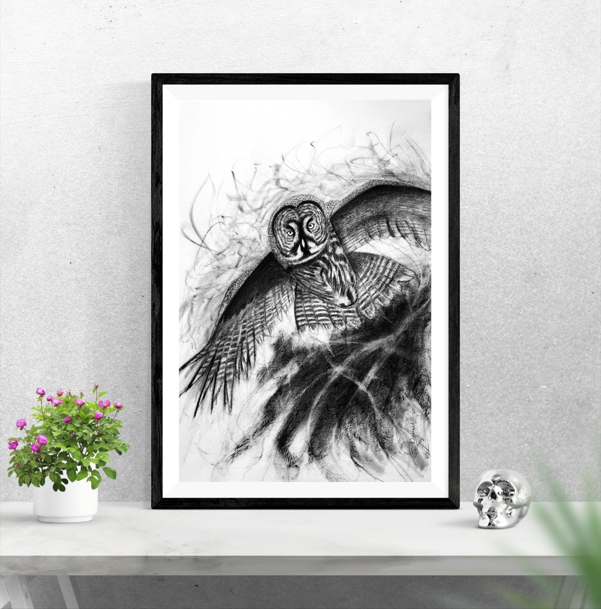 Great Grey Owl Drawing – Original Charcoal Wildlife Art – Rustic Nature Wall Decor Gift