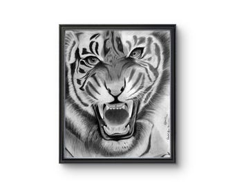 Original Roaring Tiger Pencil Drawing, Wildlife Art, Graphite Sketch, Animal Wall Decor (Not Print)