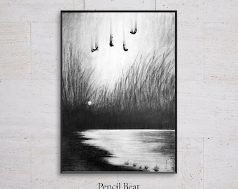 Original Charcoal Painting – Artful Art Living Room, Gravity Falls Inspired Figures, Dark Fantasy Forest Walle Art, Living Room Arte