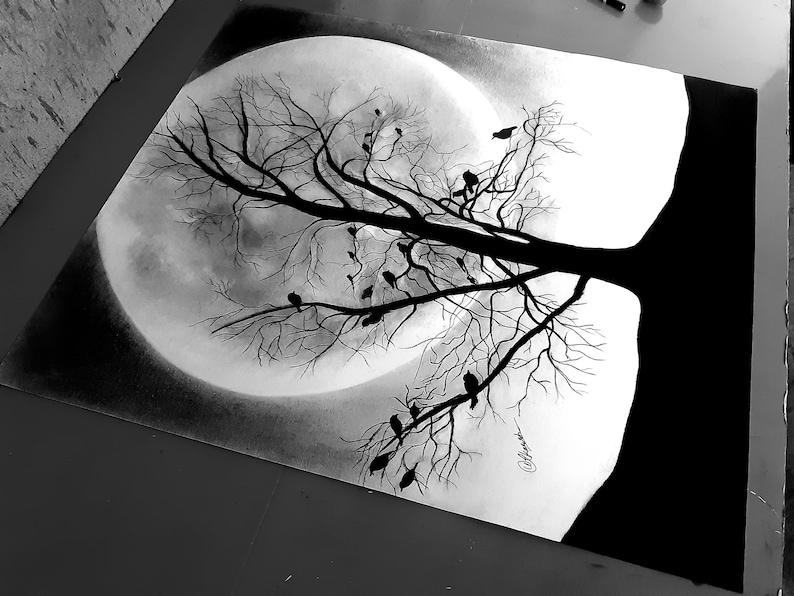 Wall decor Realistic Graphite Drawing Best Gift Idea Real Painting Tree with Moon Landscape Scenery Original pencil drawing