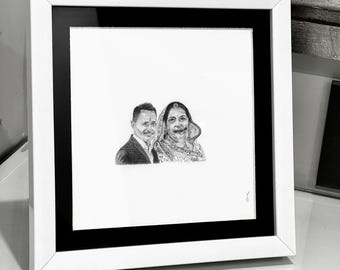 Custom Portrait Drawing from Photo, Handmade Pencil Sketch, Tiny Couple Portrait, Micro Art Illustration, Small Frame Gift, Personalized Art