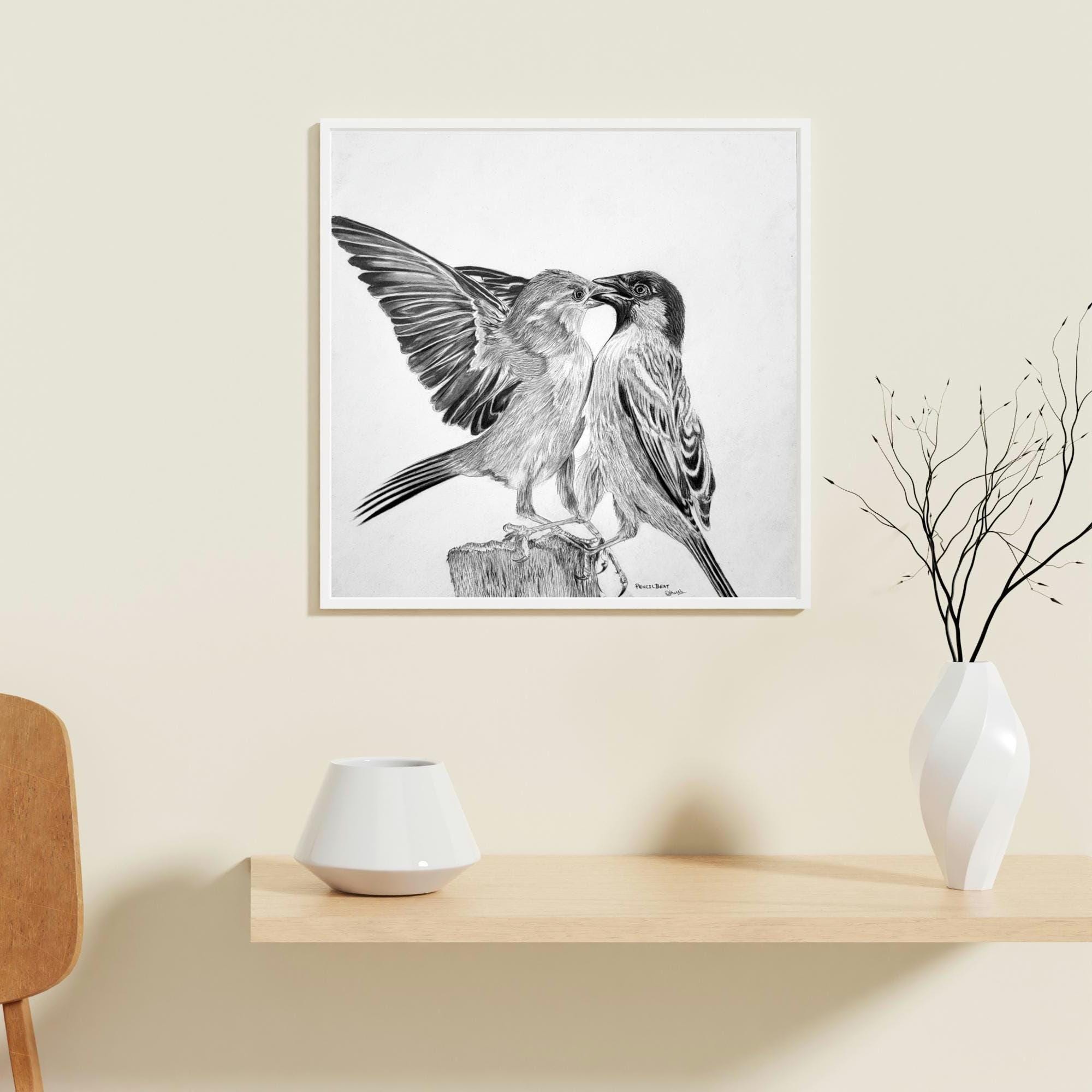 Original Birds in Love Pencil Drawing Handmade Wildlife Bird Art