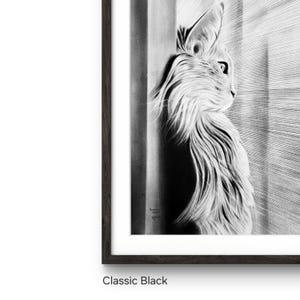 以下が含まれることがあります： 窓の外を見ている猫の白黒鉛筆画。猫は右を向いており、長い毛並みをしている。絵は黒い額縁に入っている。