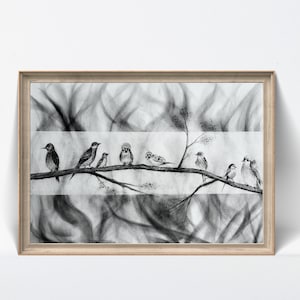 Dipinto ORIGINALE disegno a carboncino Incontro di uccelli, arte murale con uccelli canterini della natura -NON STAMPA opera d'arte a carboncino fatta a mano unica nel suo genere pollici 21×14,5