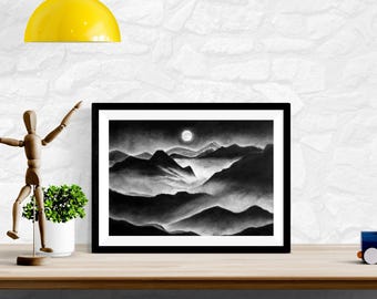 Moonlit Mountain Charcoal Drawing – Original Handmade Landscape