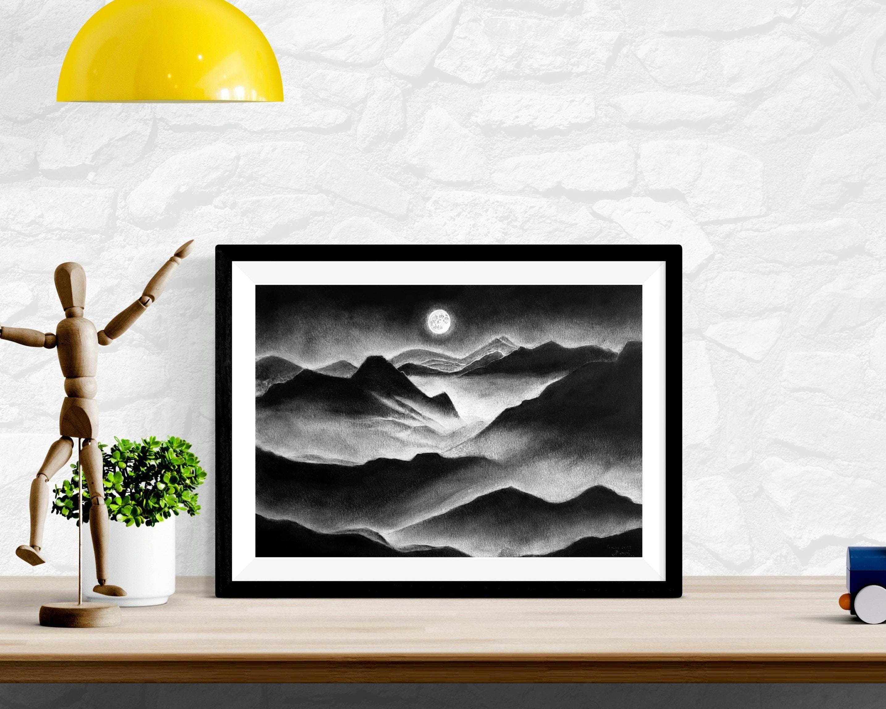 Moonlit Mountain Charcoal Drawing – Original Handmade Landscape