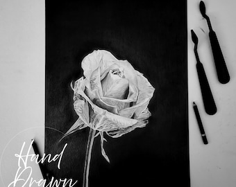 Original Black Rose Drawing, Realistic Gothic Floral Art, A3