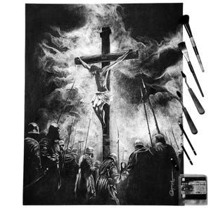 Disegno originale a carboncino – Crocifissione di Gesù – Opera d&#39;arte fatta a mano della Passione di Cristo, decorazione murale religiosa