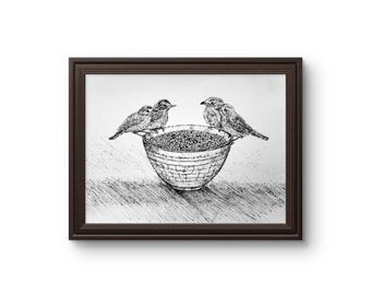 Originale Tuschezeichnung einer Haussperling-Vogelfamilie, minimalistische Tierkunst, A5-Vogelillustration