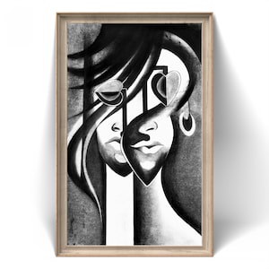 Dual Face with Heart Eyes – Original Charcoal Abstract Art Home Wall Decor – NOT PRINT