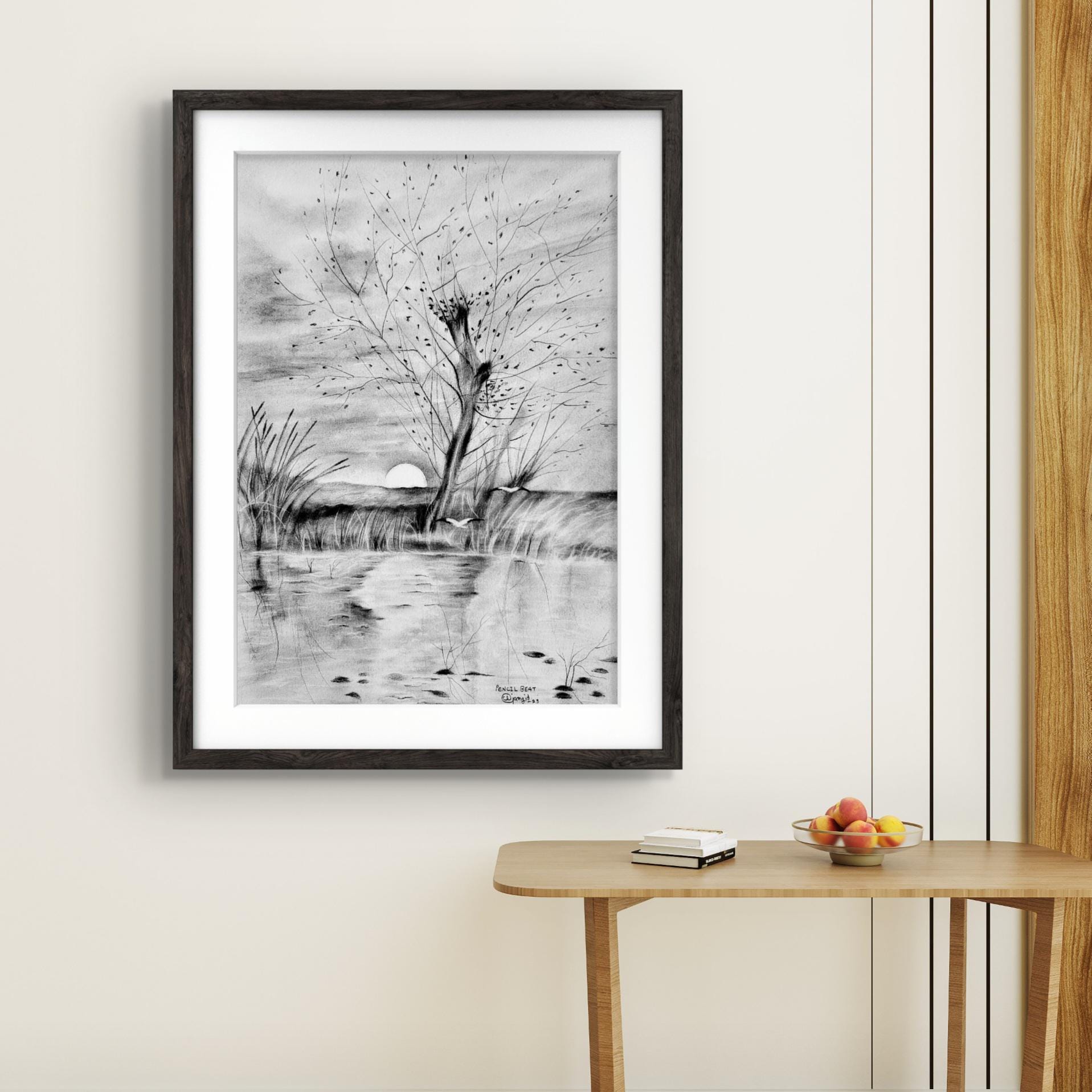 秋の夕日の鉛筆画、自然風景画、鳥と川の風景、手作りのオリジナル