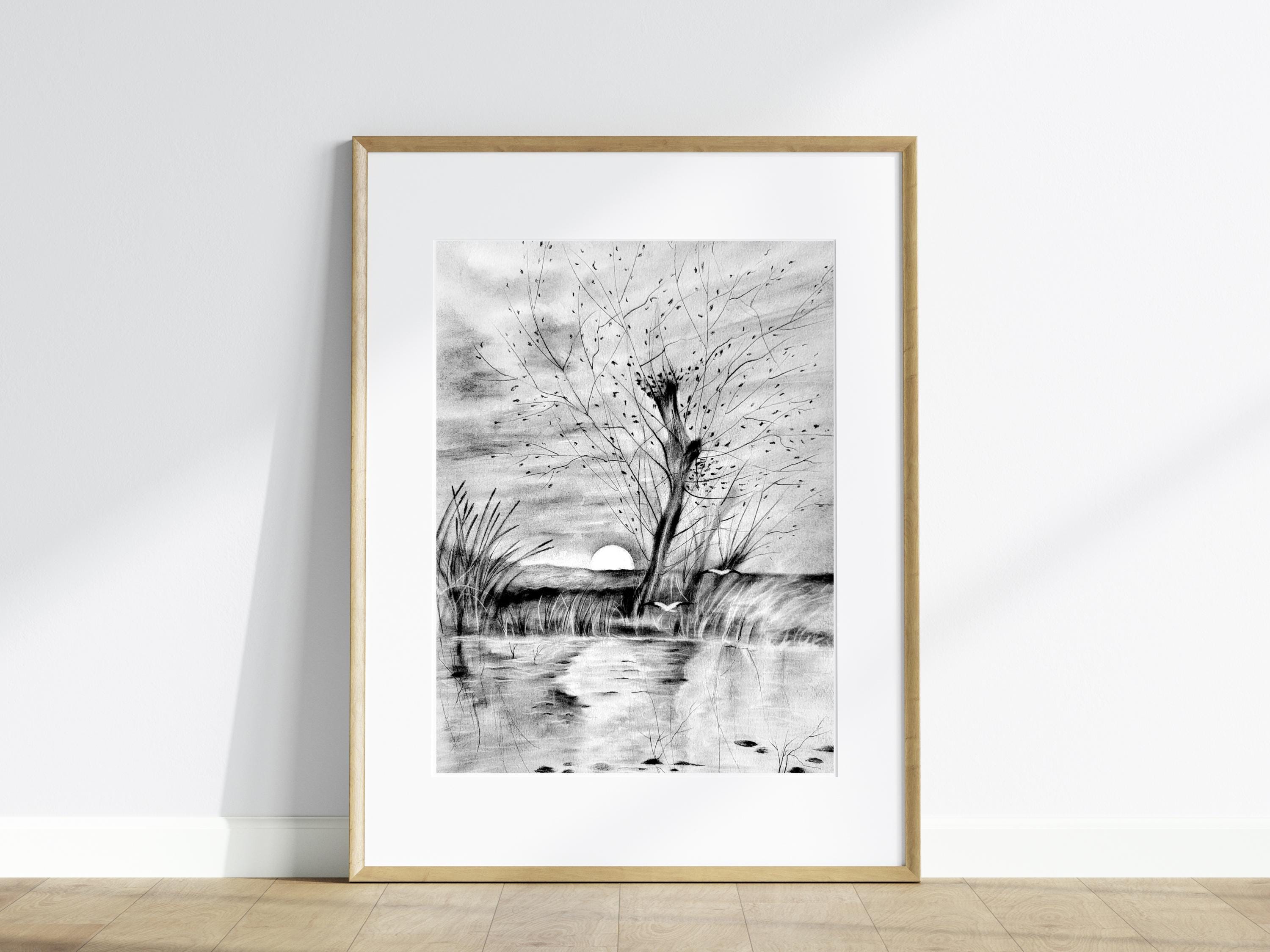 秋の夕日の鉛筆画、自然風景画、鳥と川の風景、手作りのオリジナル