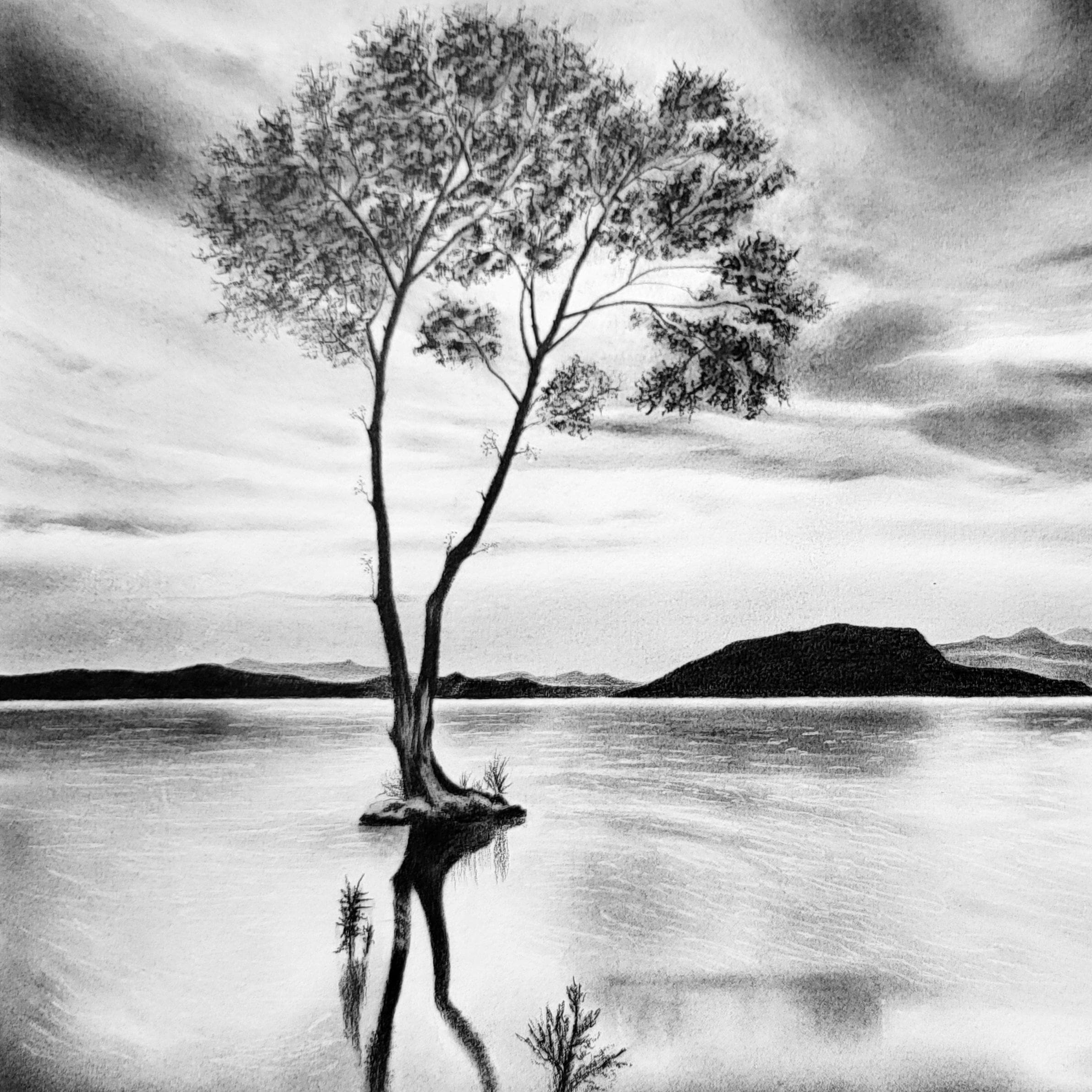 鉛筆画「Love nature」　B5大サイズ Original Pencil Landscape Drawing – Peaceful Lake with Lone Tree