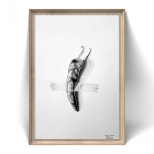 Desenho realista a lápis de pimenta colada | Arte artesanal em carvão | Decoração de parede minimalista para amantes da gastronomia | Presente de cozinha apimentado | Arte artesanal