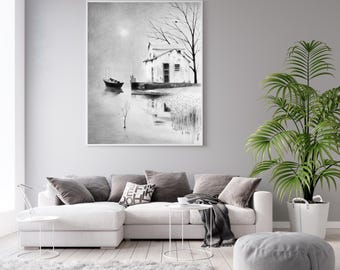 Dibujo original a carboncillo de un paisaje: casa junto al lago iluminada por la luna con un bote, arte nocturno del lago, árbol desnudo y flores en flor, naturaleza apacible.