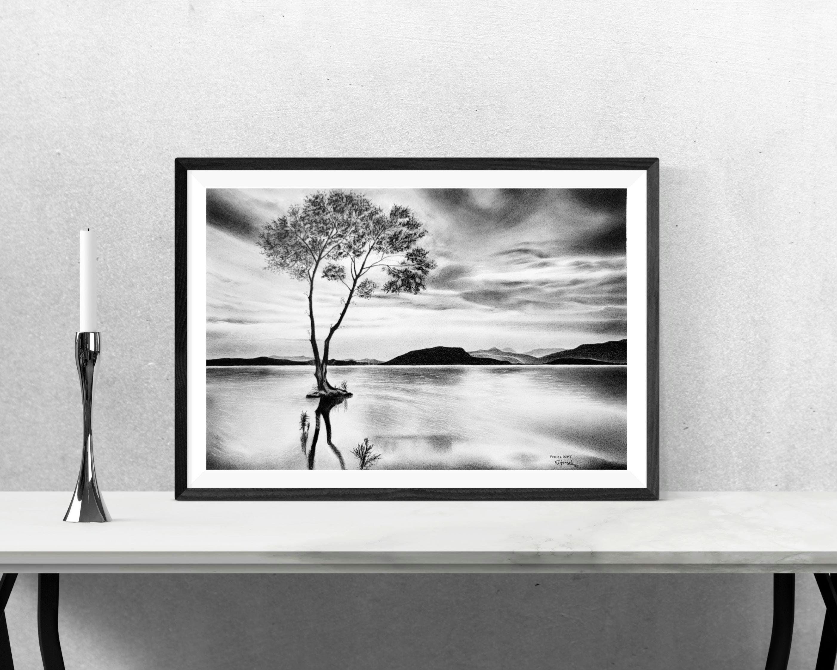 オリジナルの鉛筆風景画、手作りの自然壁画、静かな湖の風景、一本の木